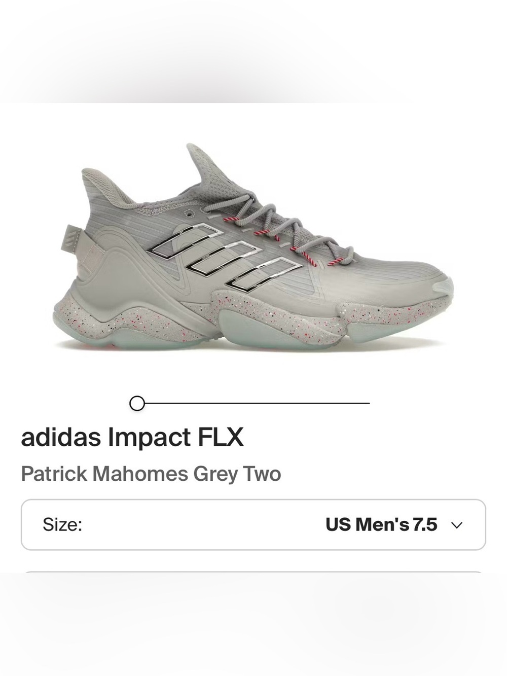 NEVER WORN! ADIDAS Impact FLX Patrick Mahomes Grey Two-size 7.5 men, 8.5 women